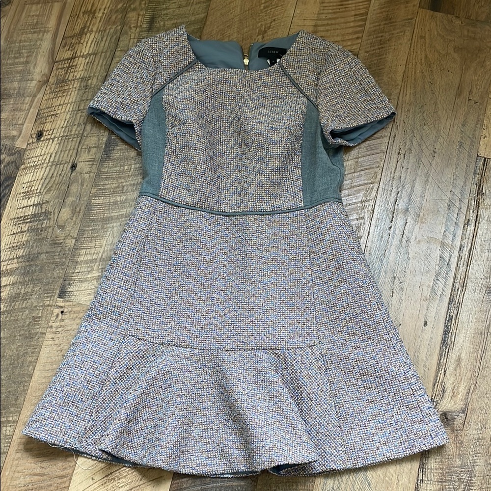 J. Crew Multicolor Tweed Fit-and-Flare Dress with Teal Panels